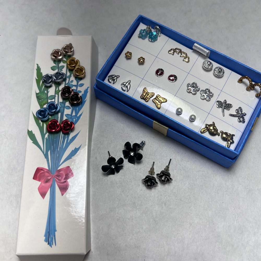 Avon 20 Stud Earring Set Floral Butterfly Dragonfly Ladybug Heart‎ Birds Multi